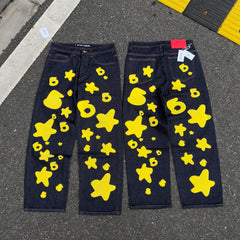 sp5der Yellow Star & 6‑Print Baggy Denim Jeans Raw Indigo