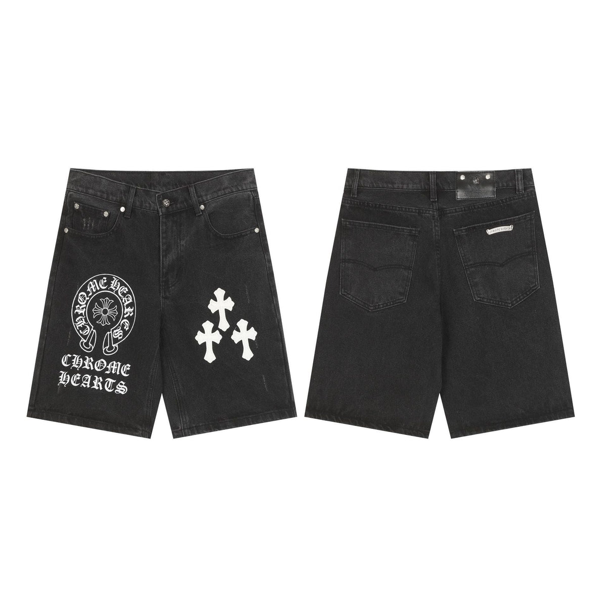 Chrome Hearts Black Horseshoe Print & White Cross Patch Denim Shorts