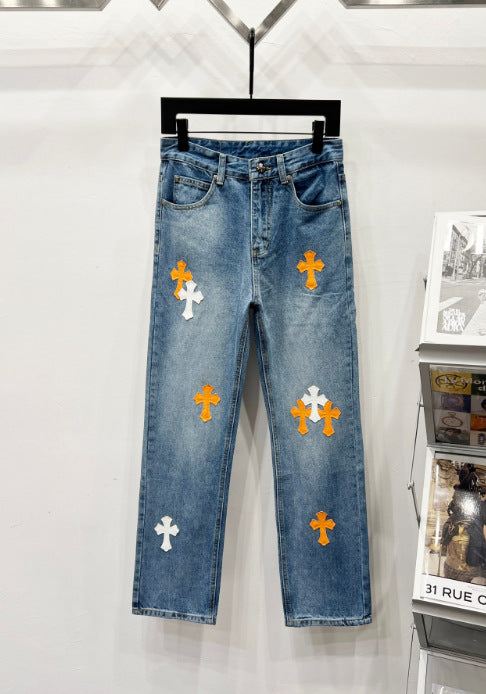 Chrome Hearts Blue Orange & White Cross Patch Denim Jeans