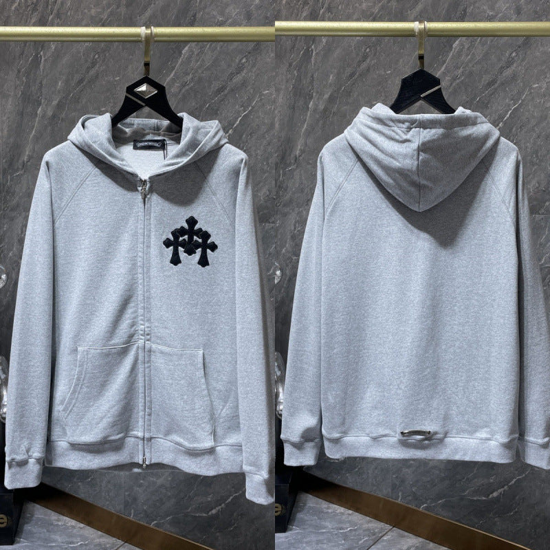Chrome Hearts Black Floral Cross Zip-Up Hoodie (Light Grey)