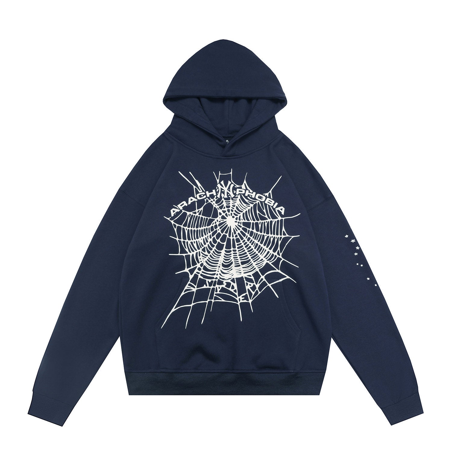 sp5der Arachophobia Text Spiderweb Star‑Sleeve Pullover Hoodie Navy Blue