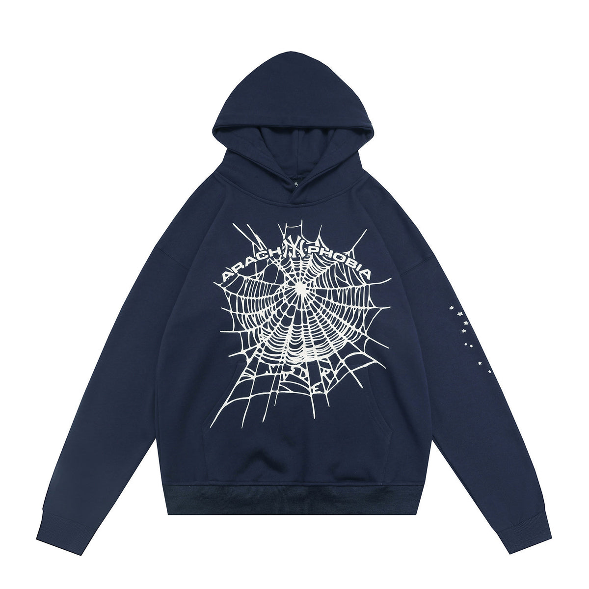 sp5der Arachophobia Text Spiderweb Star‑Sleeve Pullover Hoodie Navy Blue