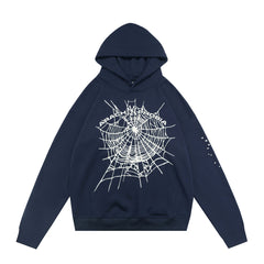 sp5der Arachophobia Text Spiderweb Star‑Sleeve Pullover Hoodie Navy Blue