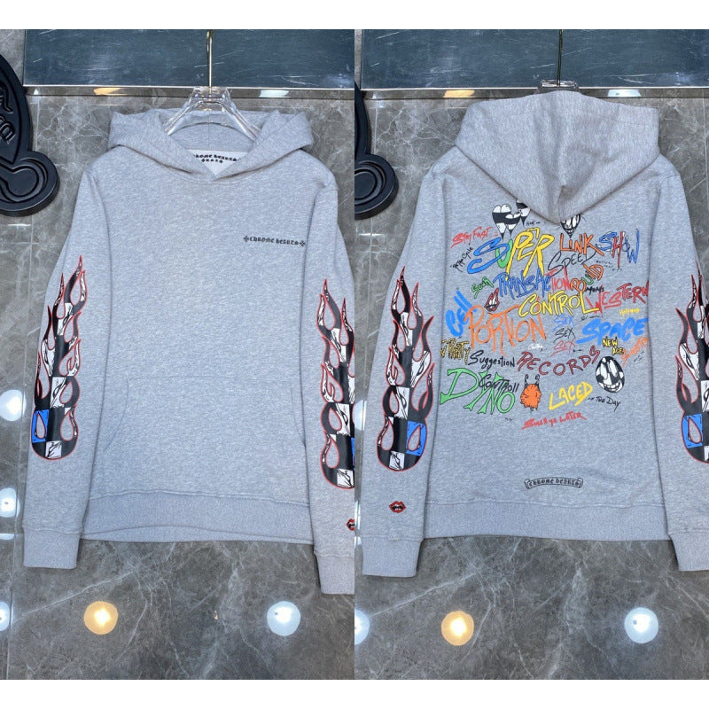 Chrome Hearts Skull Flame Sleeve & Graffiti Back Hoodie (Light Grey)