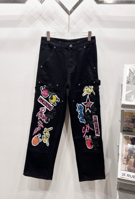 Chrome Hearts Black & Multi-Color Cartoon Patch Denim Jeans