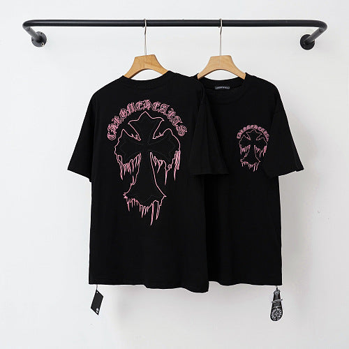 Chrome Hearts Melted Drip Cross Graphic Short Sleeve T-Shirt (Black/Pink)