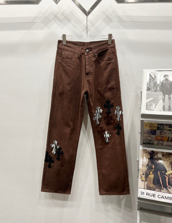 Chrome Hearts Zebra-Pattern Cross Applique Denim Pants