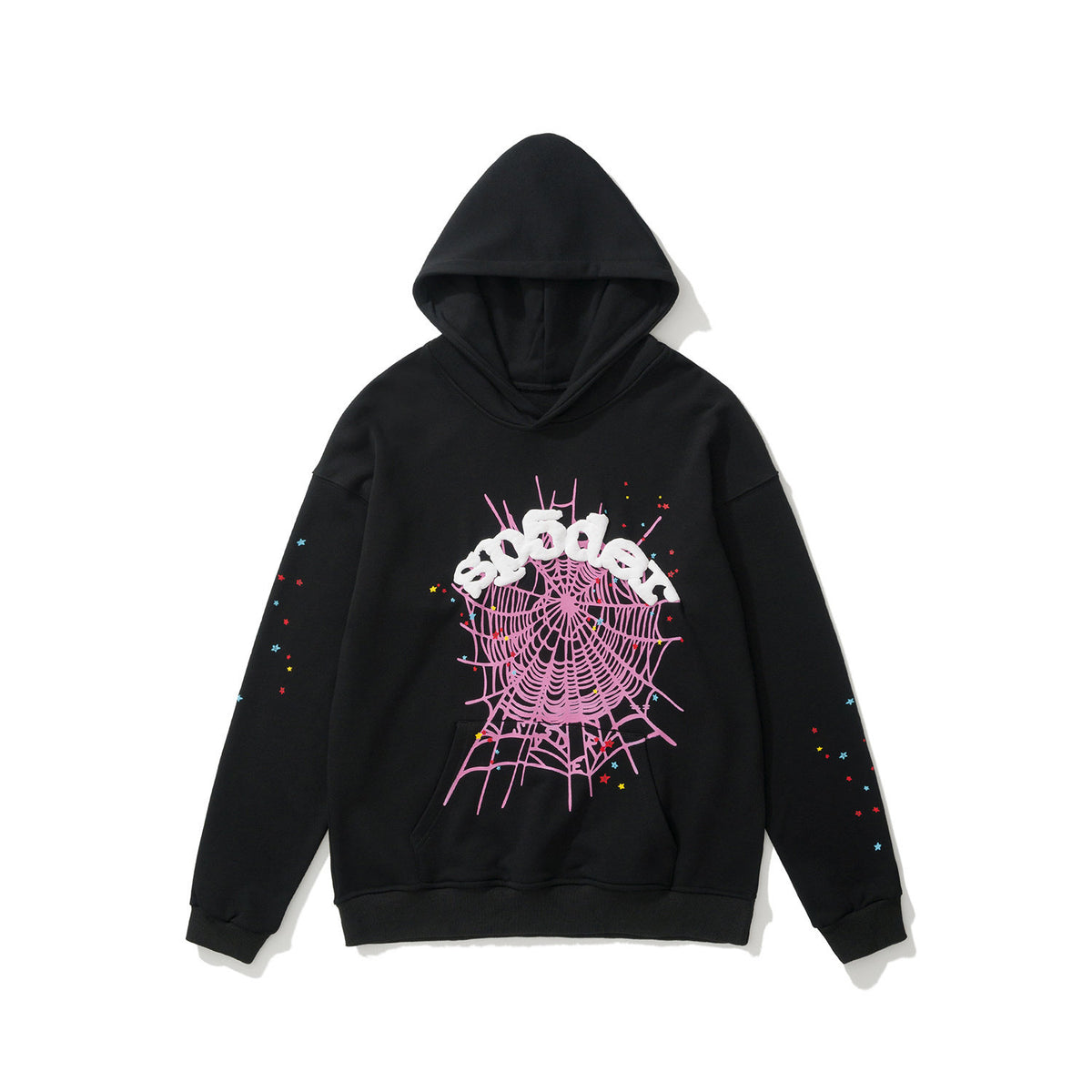 sp5der Pink Spiderweb Multicolor Star Pullover Hoodie Black