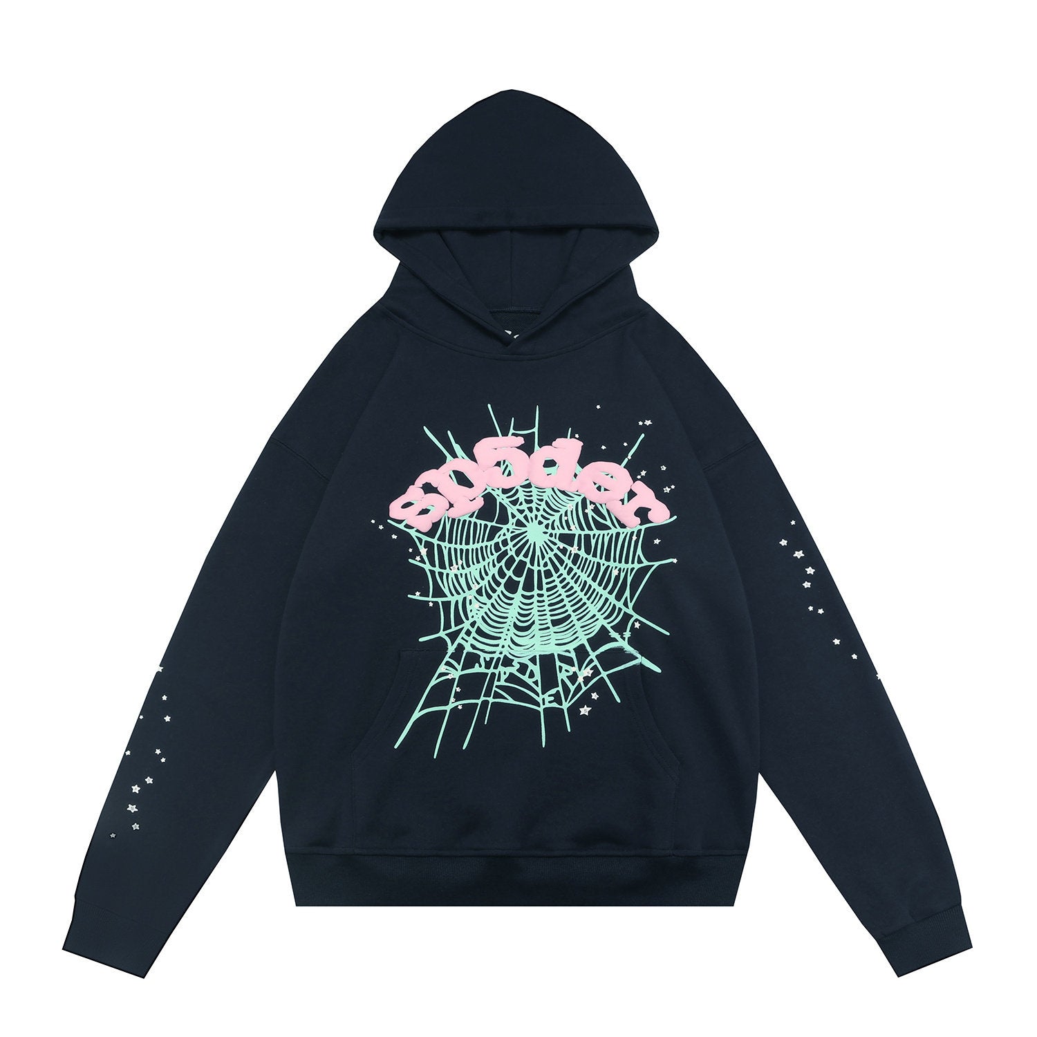 sp5der Pink Logo Mint Spiderweb Dual Star‑Sleeve Pullover Hoodie Navy