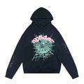 sp5der Pink Logo Mint Spiderweb Dual Star‑Sleeve Pullover Hoodie Navy