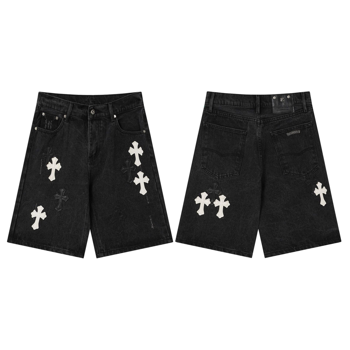 Chrome Hearts Black & White Cross Patch Denim Shorts