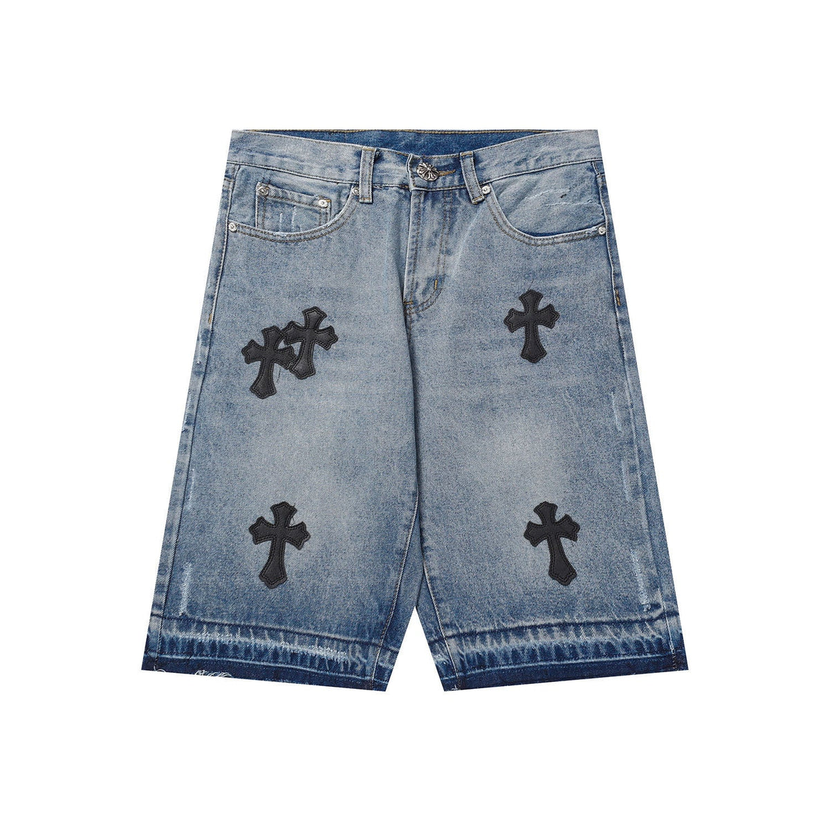 Chrome Hearts Classic Blue & Black Cross Patch Denim Shorts