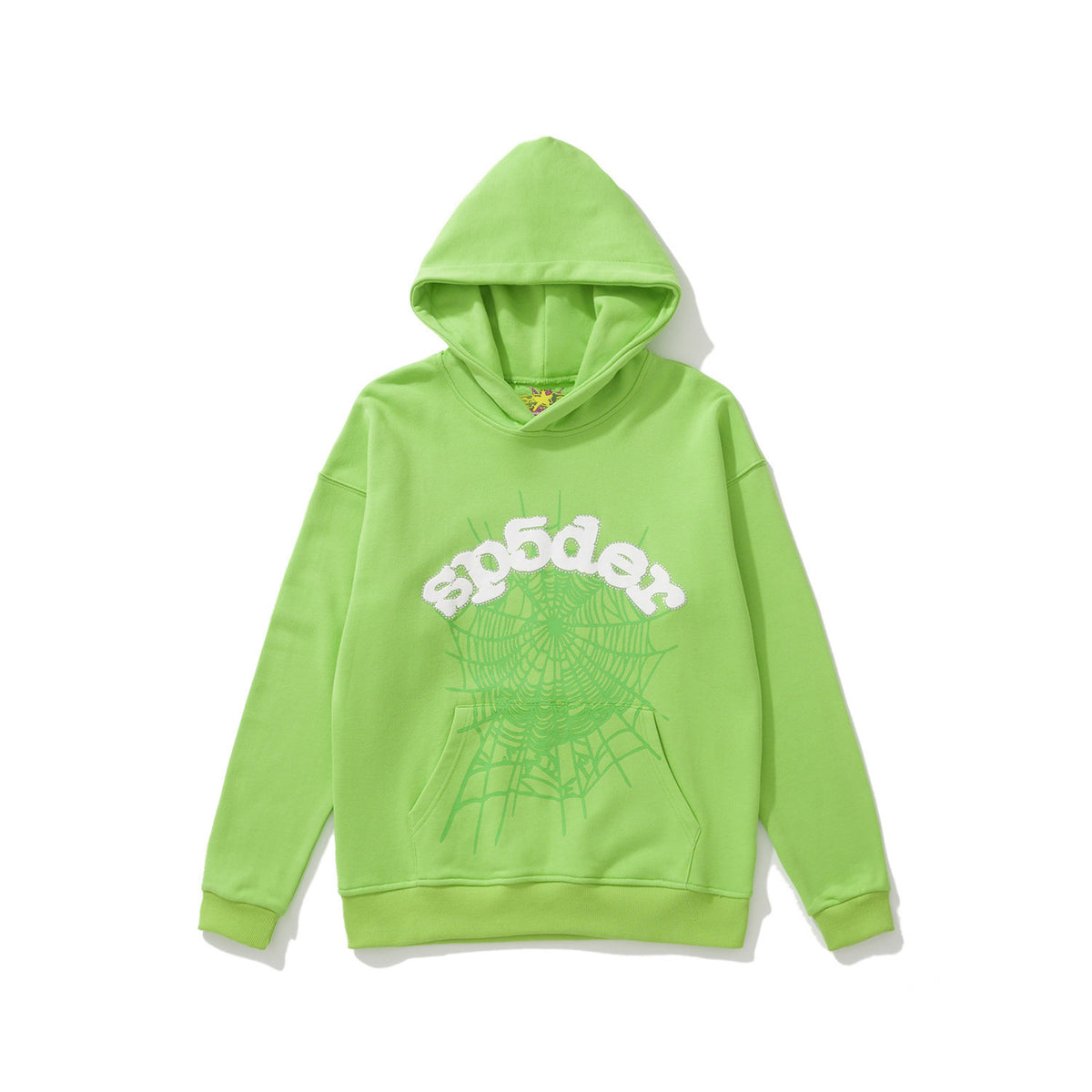 sp5der White Logo Monotone Spiderweb Pullover Hoodie Lime Green