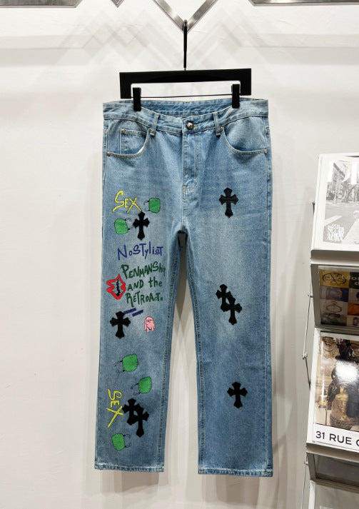 Chrome Hearts Graffiti & Black Cross Patch Denim Jeans