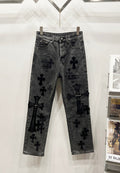 Chrome Hearts Gray-Black & Large Asymmetric Black Cross Patch Denim Jeans