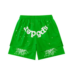 sp5der Rep Gods Star Spiderweb Double‑Layer Athletic Shorts Bright Green