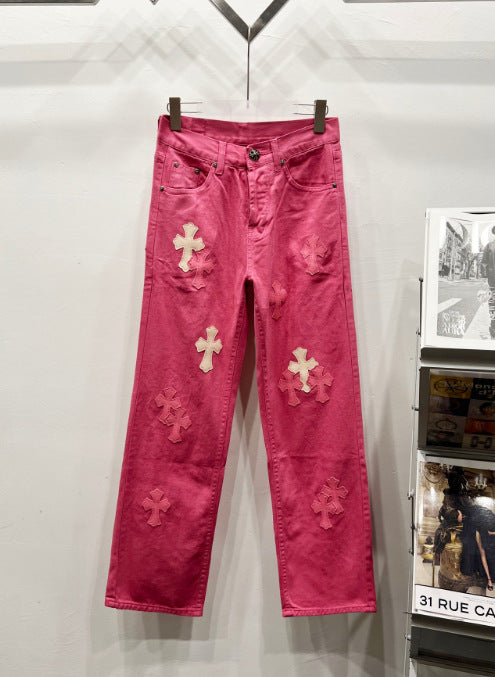 Chrome Hearts Magenta Hot Pink Cross Patch Denim Jeans