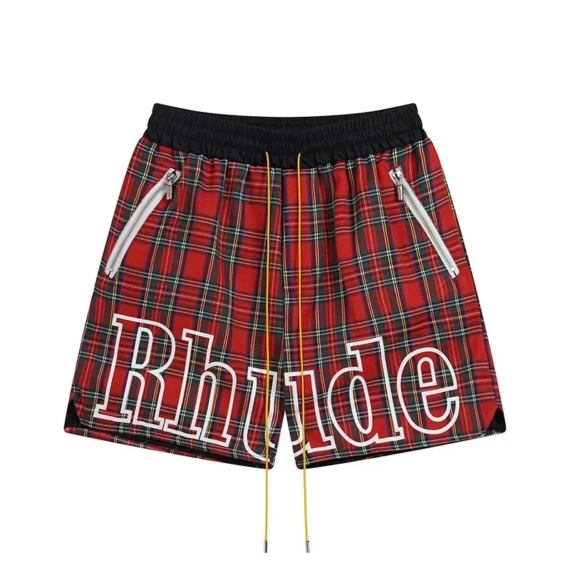 RHUDE Tartan Plaid Outline Script Logo Drawstring Athletic Shorts - Red