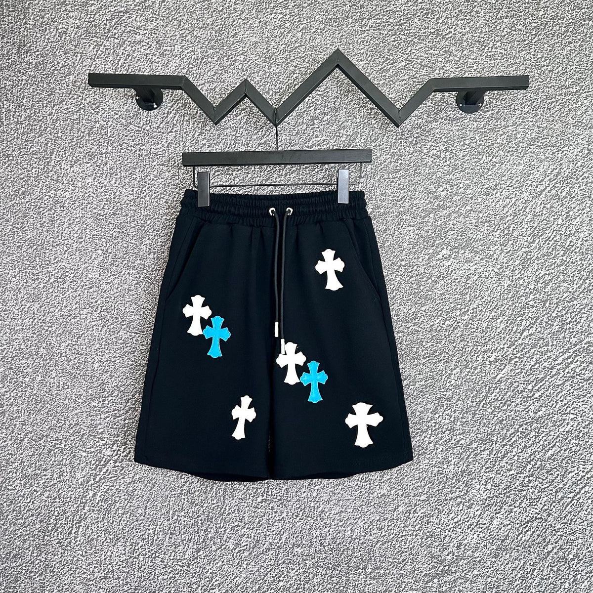 Chrome Hearts Black & White-Blue Cross Patch Sweatshorts