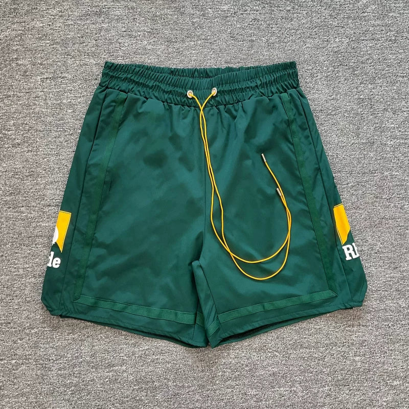 RHUDE Reflective Trim Logo Athletic Shorts - Forest Green / Yellow