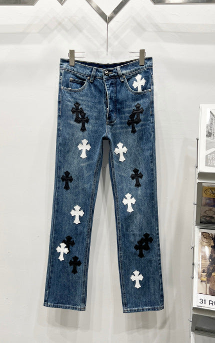 Chrome Hearts Classic Blue & Black-White Cross Patch Denim Jeans