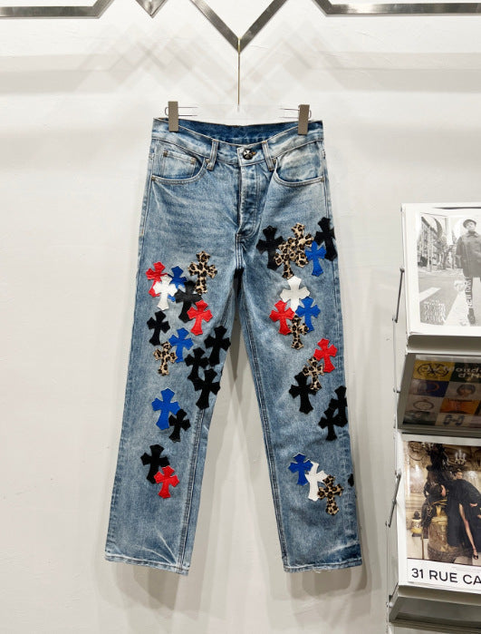 Chrome Hearts Multi-Color & Leopard Cross Patch Denim Jeans