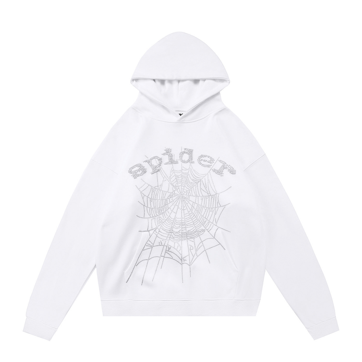 sp5der Rhinestone Spider Web Logo Pullover Hoodie White