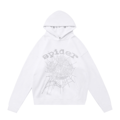 sp5der Rhinestone Spider Web Logo Pullover Hoodie White