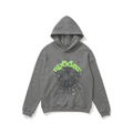 sp5der Neon Green Logo Spiderweb Star Pullover Hoodie Charcoal Grey