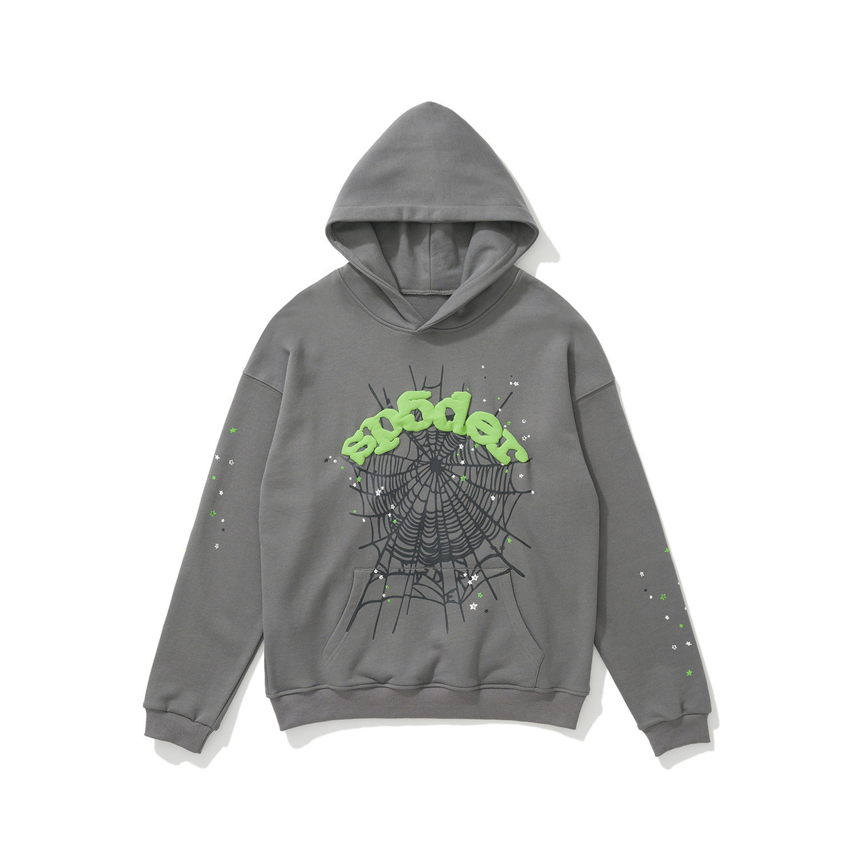 sp5der Neon Green Logo Spiderweb Star Pullover Hoodie Charcoal Grey