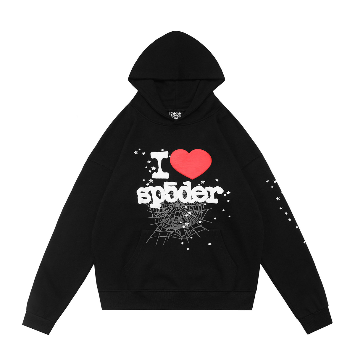 sp5der I Heart sp5der Red‑Heart Spiderweb Star Pullover Hoodie Black