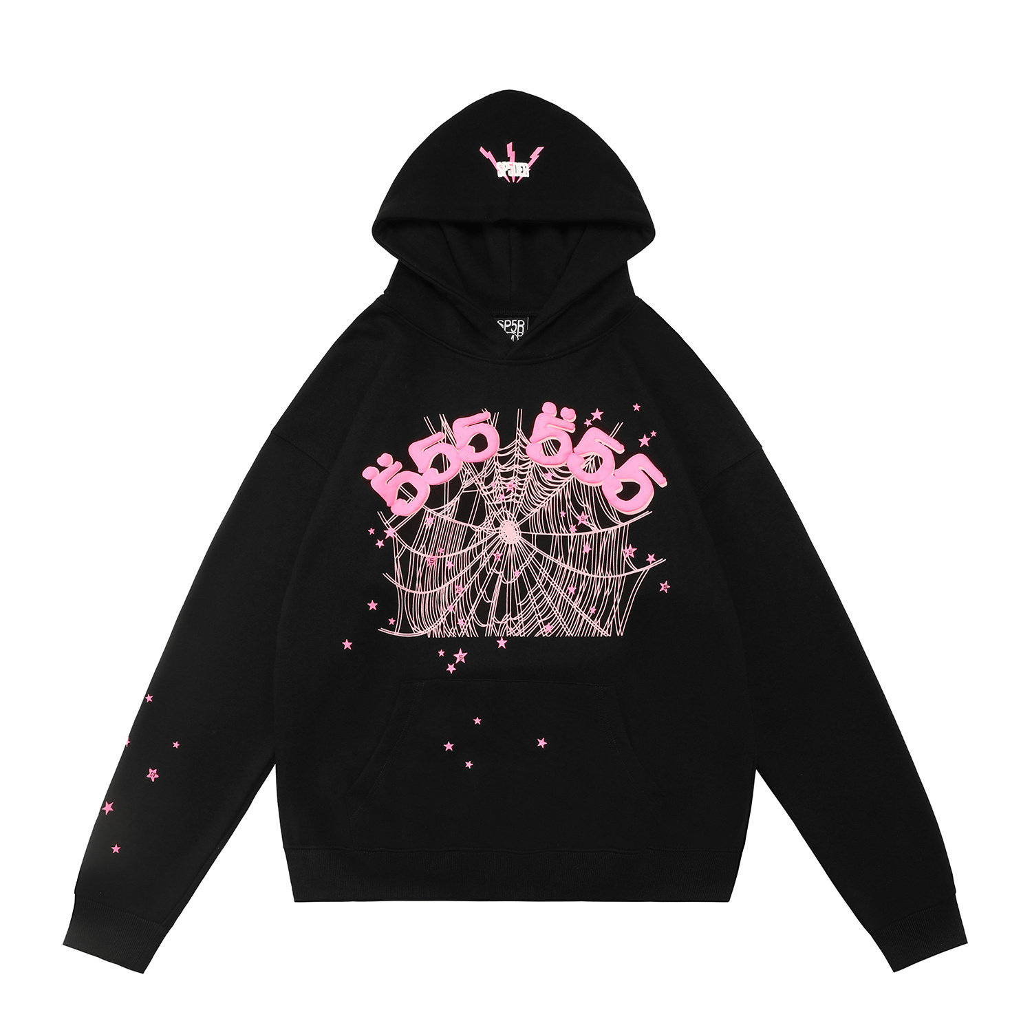 sp5der Pink 555 Spiderweb Hood Logo Star Sleeve Pullover Hoodie Black