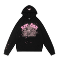 sp5der Pink 555 Spiderweb Hood Logo Star Sleeve Pullover Hoodie Black