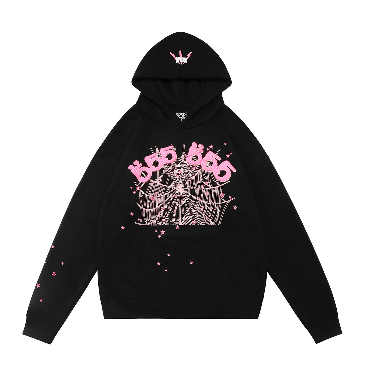 sp5der Pink 555 Spiderweb Hood Logo Star Sleeve Pullover Hoodie Black