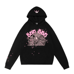 sp5der Pink 555 Spiderweb Hood Logo Star Sleeve Pullover Hoodie Black